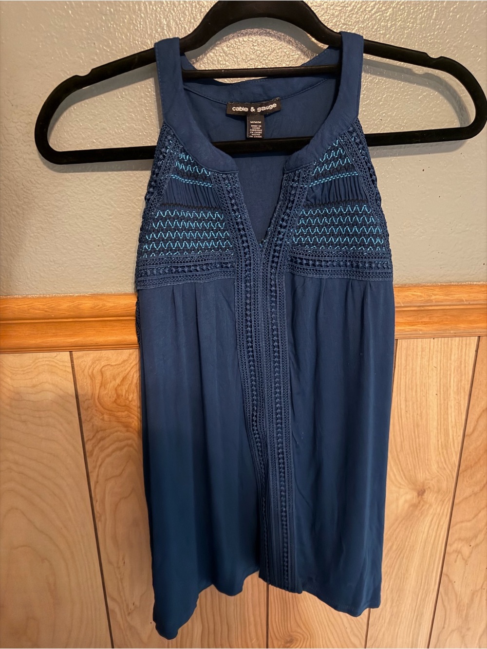 Cable & Gauge Blue Embroidered Crochet Yoke Tank